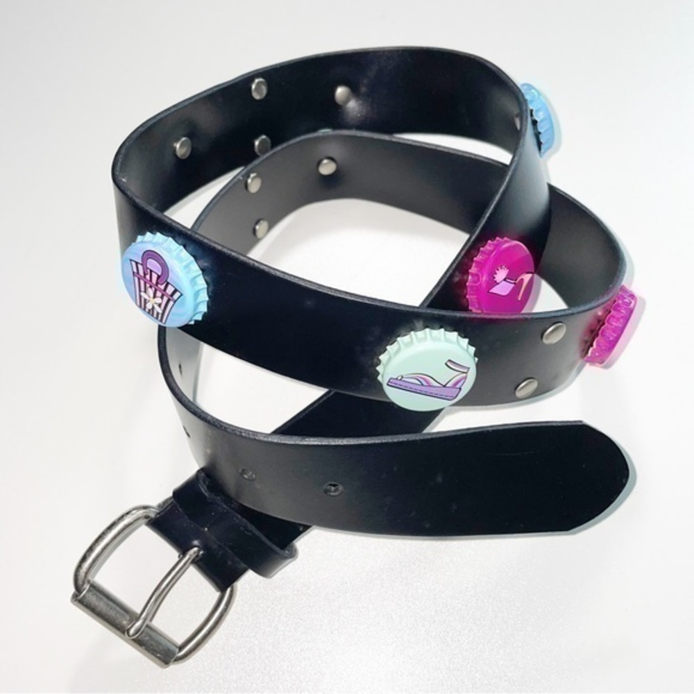 Bottle Cap Y2K Black Genuine Leather Belt